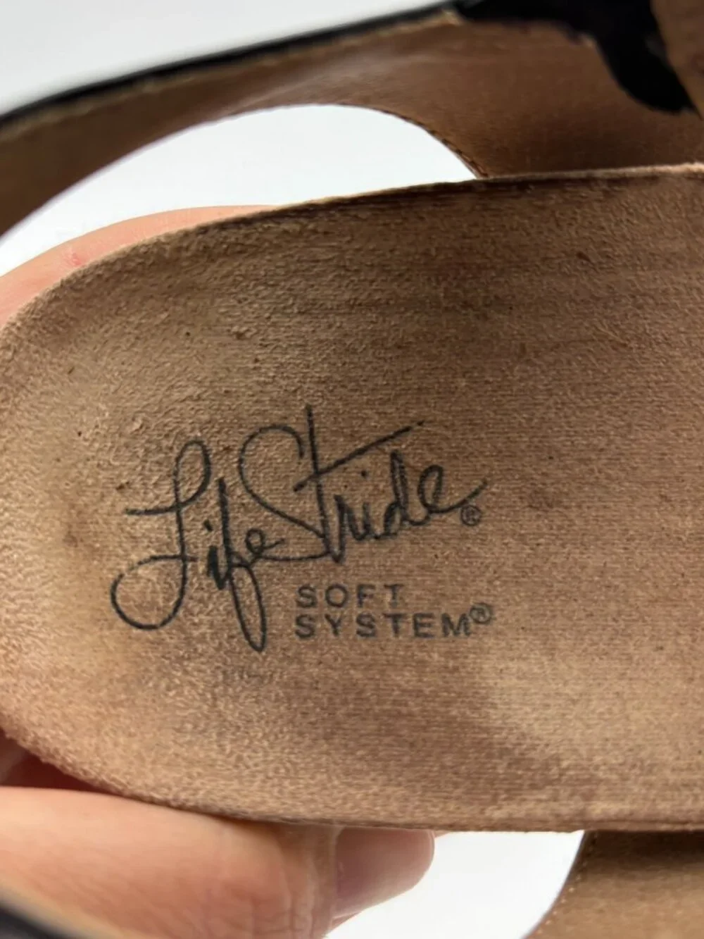 LifeStride Maple Black Faux Leather Strappy Slingback Cork Wedge Sandals 9W